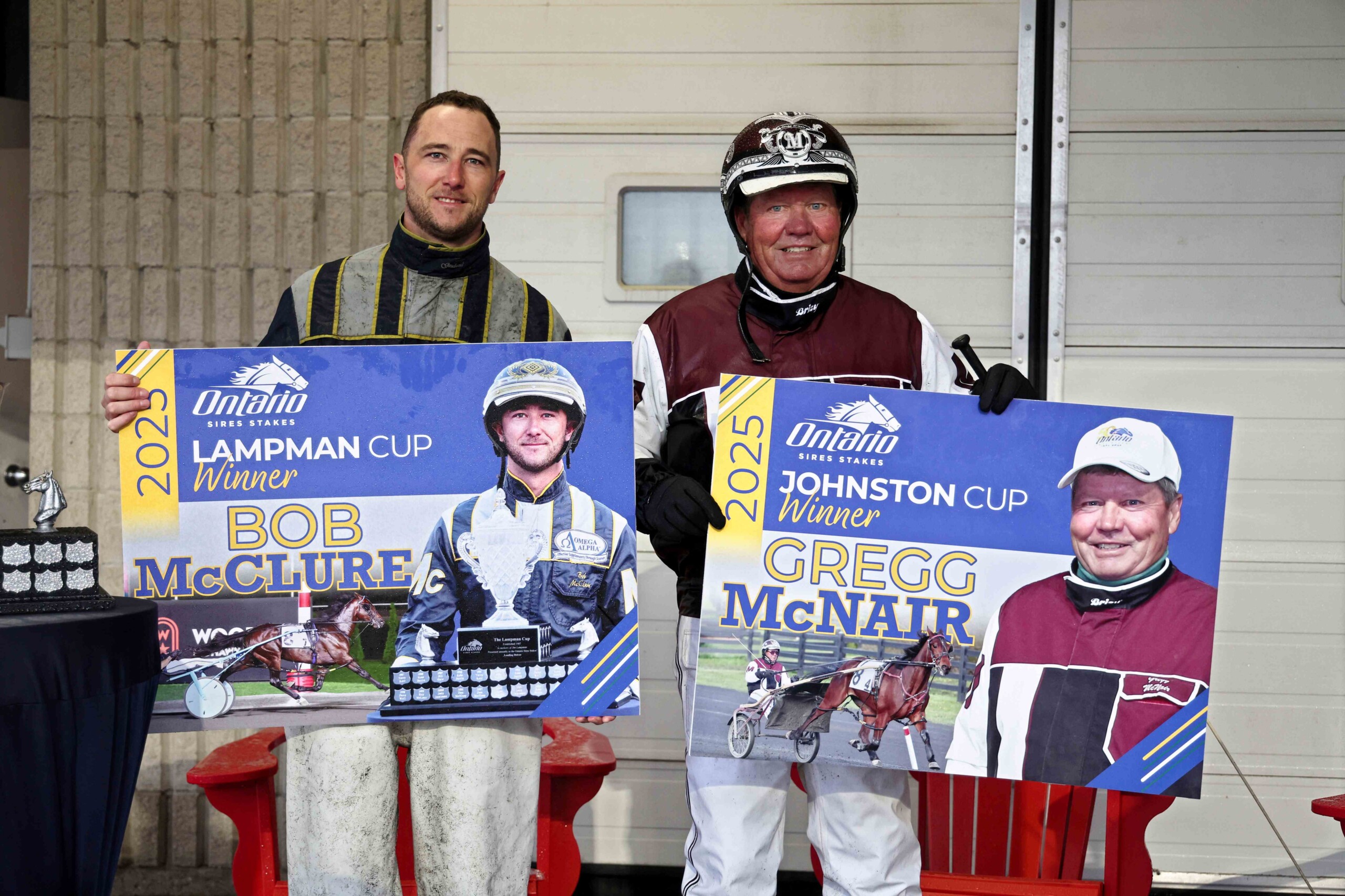 Bob McClure (left) and Gregg McNair were honoured on Saturday at Woodbine Mohawk Park for winning the 2025 Johnston and Lampman Cups, respectively, for top driver and trainer in Ontario Sires Stakes action.